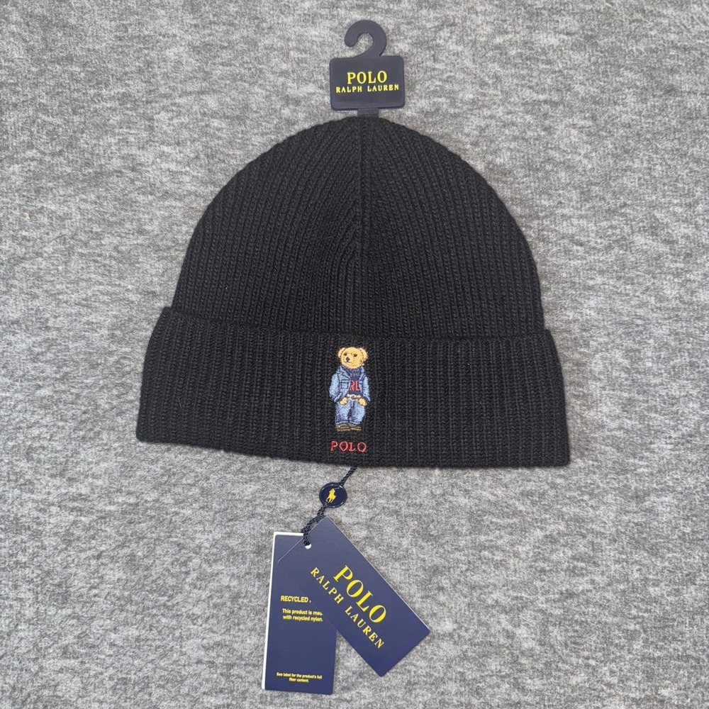 Polo Ralph Lauren Denim Bear Embroidered Rib Cuffed Beanie Wool Blend Black NEW